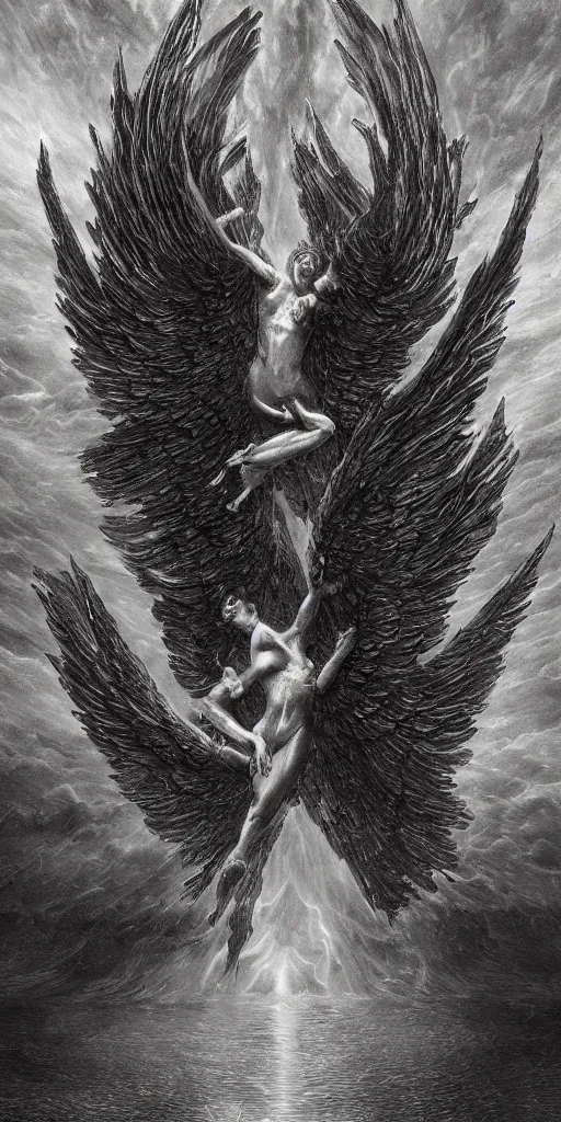 Image similar to burning wings of mighty angel lucifer falling from the heavens, elegant, beautiful, engraving, concept art, elden ring, illustration, smooth, sharp focus, by gustave dore and greg rutkowski, hyper realistic, ephemeral, dramatic lighting, fantasy art, in the style of midjourney, intricate, alphonse mucha, hyper detailed