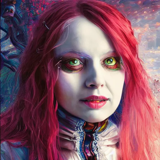 Image similar to A portrait of Alice from Wonderland, oil painting, majestic, detailed, high resolution, cyberpunk