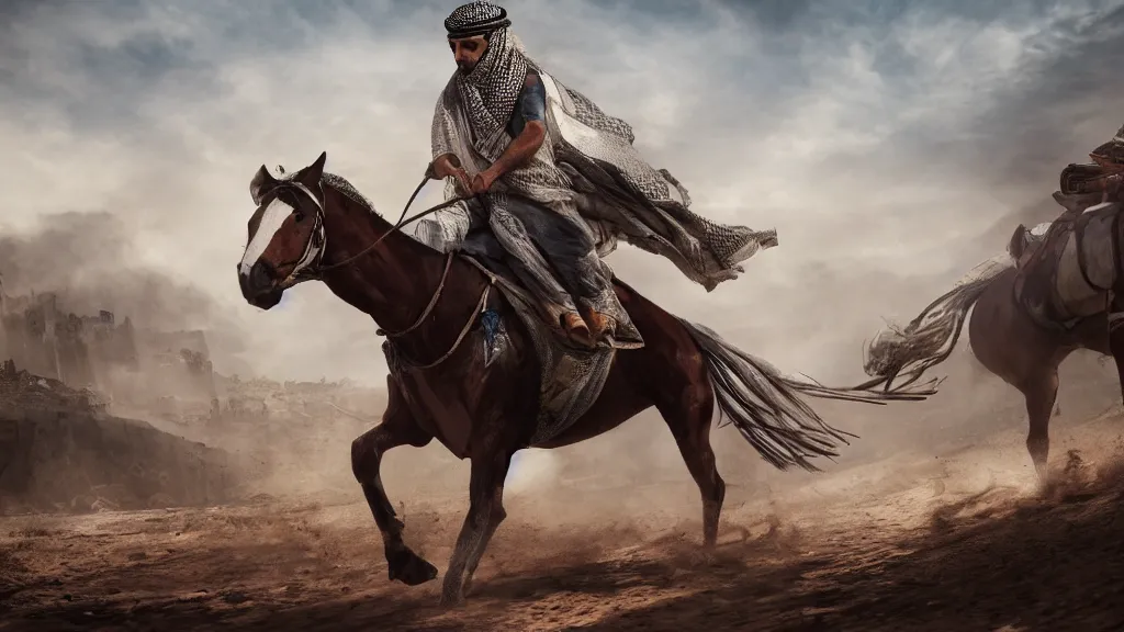 Prompt: one arab rider wearing a keffiyeh riding from left to right wide shot, cinematic, concept art, artstation ultra real, 4 k, highly detail