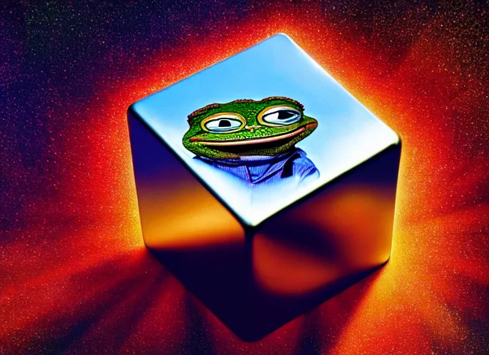 Prompt: hyper realistic detailed image of huge tungsten metallic cube pumped by pepe the frog on a slope, by ayami kojima, amano, beeple, greg hildebrandt, and mark brooks, mystical, rich deep colors, cinematic light, long cinematic shot, extremely detailed, very coherent symmetrical artwork, 8 k