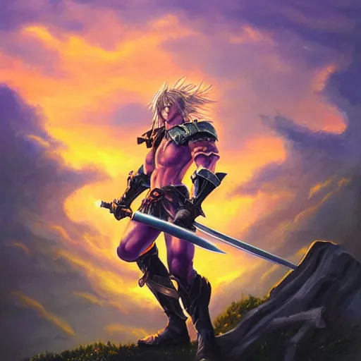 Prompt: painting of siegfried from soulcalibur!!!!!, watching a purple and orange sunset!!, from the black mage cemetery!!!, in the style of justin gerard!!!!