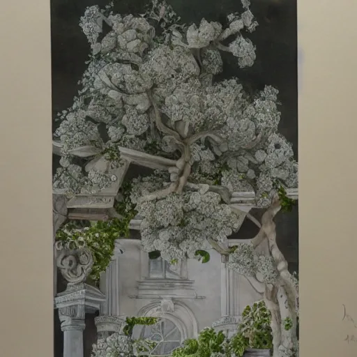 Image similar to delicate marble garden on paper, stony, puffy, botanical herbarium, botanic watercolors, iridescent, 8 k wide angle, realistic shaded, fine details, artstation, italian, colonnade, oak tree, hydrangea, gardena architecture, pompeii