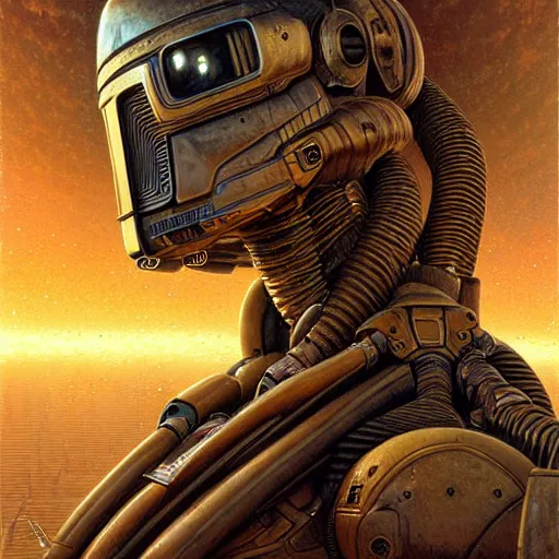 Prompt: sci - fi bounty hunter, atmospheric lighting, painted, intricate, golden hour, ultra detailed by peter gric, giger, enki bilal