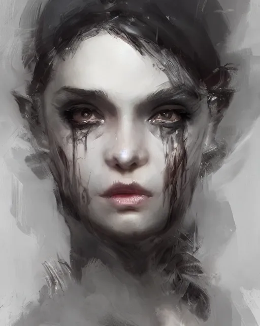 Prompt: portrait of demon girl, dreamy and ethereal, expressive pose, big black eyes, exciting expression, fantasy, intricate, elegant, dark and moody smoke, highly detailed, digital painting, artstation, concept art, smooth, sharp focus, illustration, art by wadim kashin