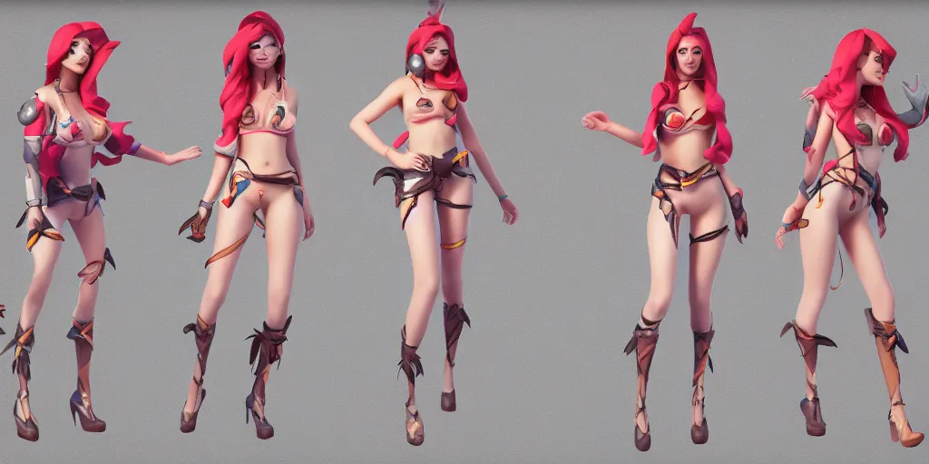 Prompt: Character sheet of pool party miss fortune (League of Legends). 3d, octane render, trending on artstation