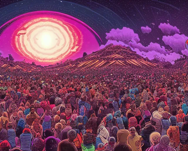 Prompt: An illustration of a crowd of people praying to the celestial being that saved them from a cataclysmic collapse, digital art, Dan Mumford