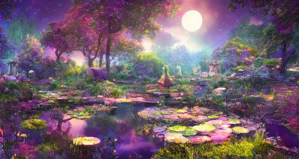 Image similar to a whimsical fairyland with a pond, starry sky, ambient lighting, fantasy art, computer render style art, unreal engine