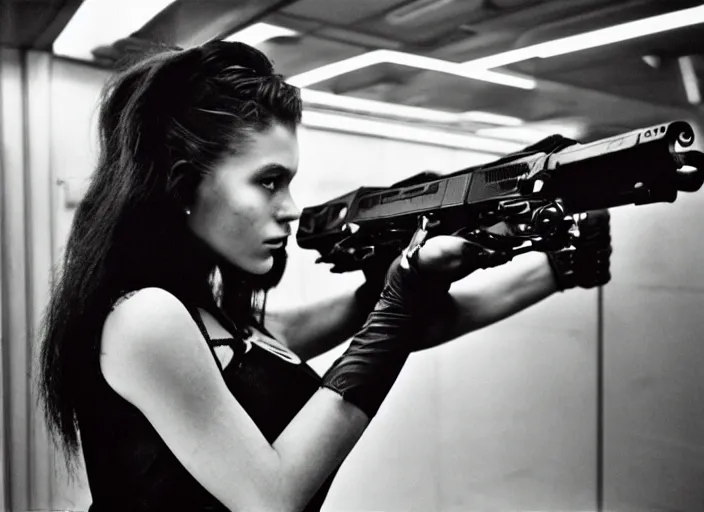 Prompt: close - up portrait of cyberpunk cyborg girl with a gun for an arm, in a futuristic subway, richard avedon, tri - x pan