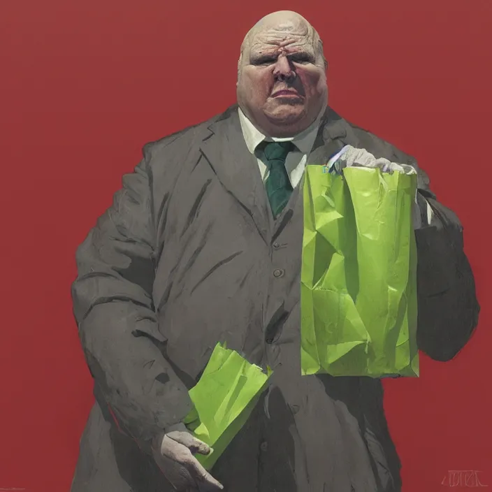 Image similar to melting old fat man portrait with a white paper bag over the head, dressed in red paper bags, holding stack of green paper bags, highly detailed, artstation, art by ian mcque, ilya kuvshinov, zdislav beksinski, wayne barlowe, edward hopper