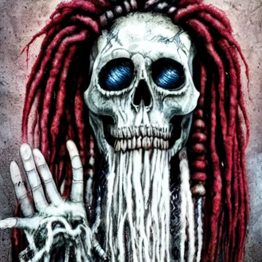 Image similar to a horror shaman with dreadlocks in sacrament of death