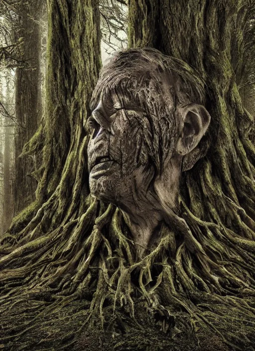 Image similar to a digital 3 d hyperrealistic hyperdetailed ancient tree with an old woman kind face covered with bark and moss, in a dark mysterious dark forest, dramatic mysterious lighting,