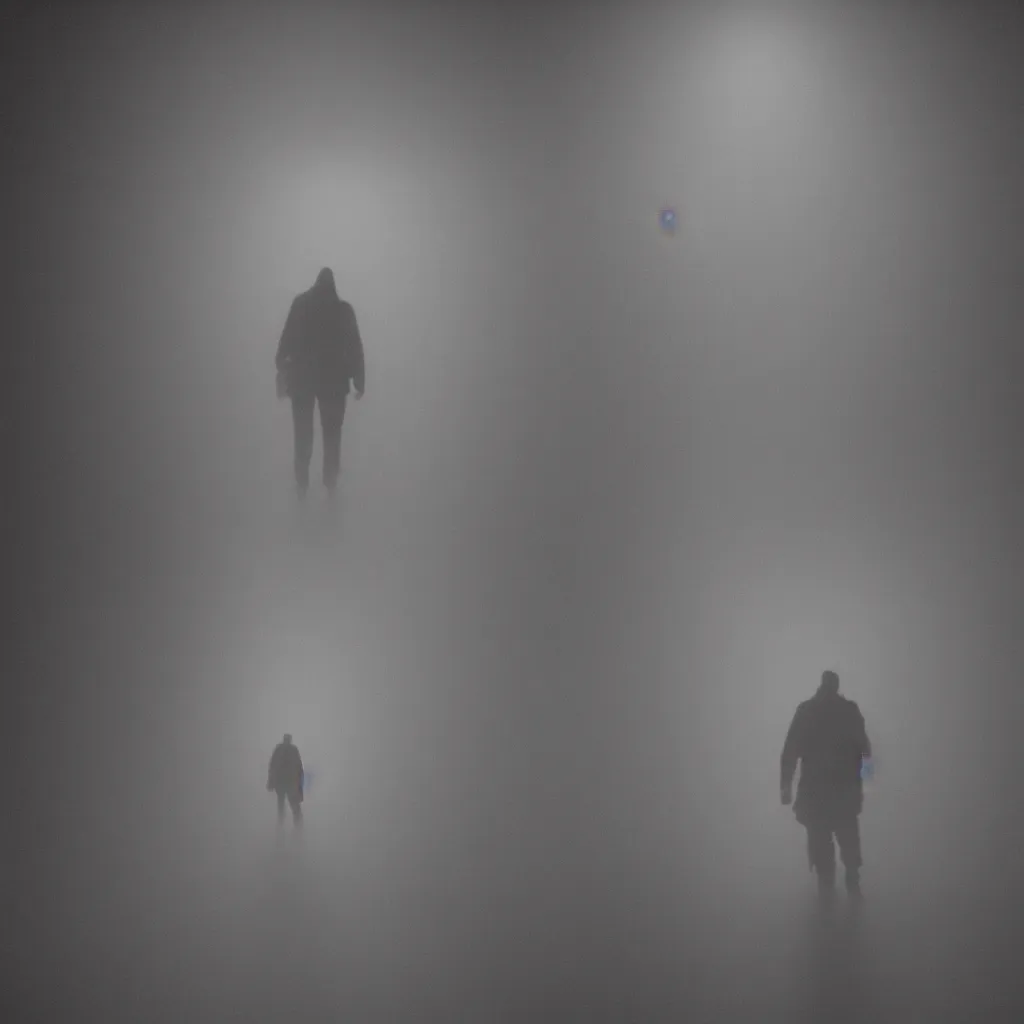 Image similar to a backlit, mostly silhouetted threatening person with long limbs and glowing eyes walks down a long shadowy apartment hallway dragging something behind it, low lying fog swirls at their feet, the ceiling is in darkness, water drips down from above, smoke, gloomy, nightmarish security footage, detailed