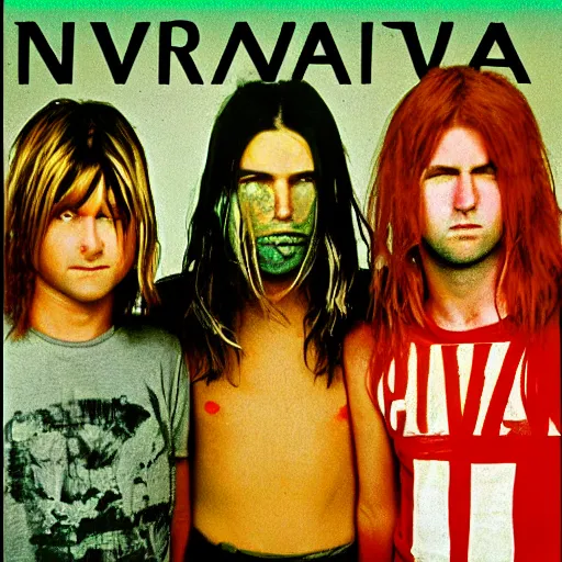 Prompt: nirvana album cover with text spelling away