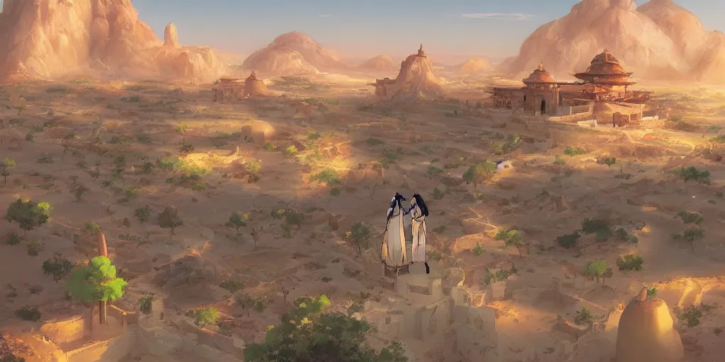 Image similar to a stunning desert landscape with an arabian palace on the horizon by makoto shinkai