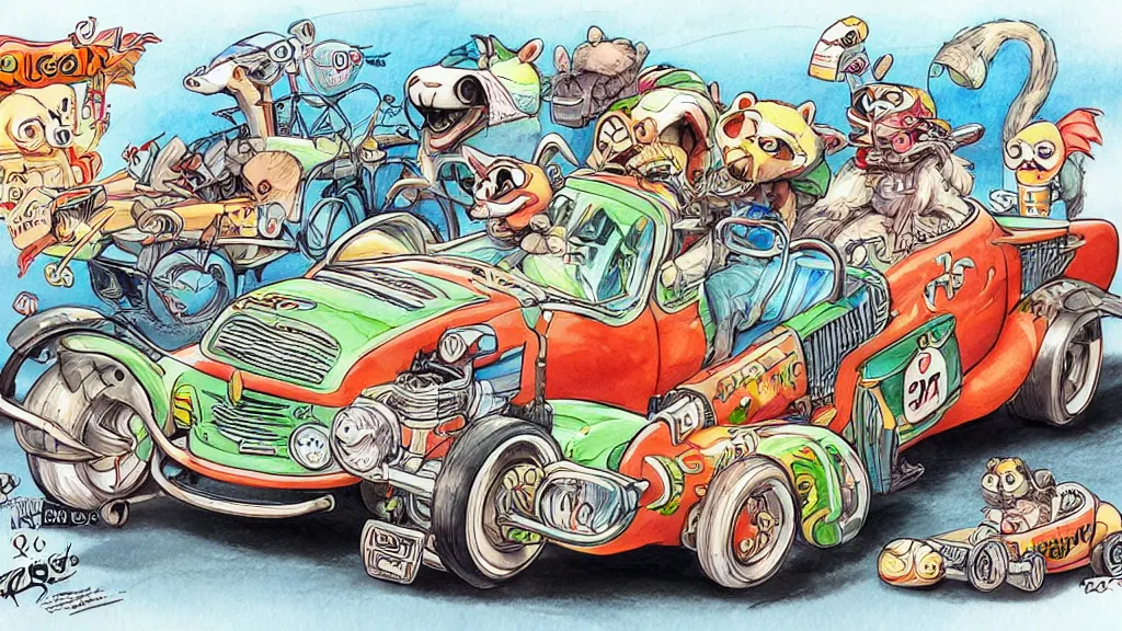 Image similar to cute and funny, racoon riding in a tiny hot rod coupe, ratfink style by ed roth, centered award winning watercolor pen illustration, isometric illustration by chihiro iwasaki, edited by range murata