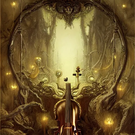 Image similar to bold simple lifelike humanoid baroque oil painting of close view of an ornate gothic violin interior with gold spidery embellishments, night, smoke, ground fog, by peter mohrbacher, by frank frazetta, by alan lee, john howe, da vinci, large depth of field, super detailed, digital art, trending on artstation, ornate