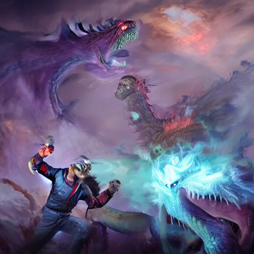 Image similar to ginger man in a purple t-shirt fights a fire breathing dragon in a room filled with dragon eggs, painted, by Hidetaka Miyazaki, high fantasy, concept art