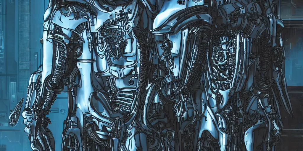 Prompt: the son of the pope as a futuristic xenomorphic cyborg, foating in a isolation cryogenic tubes, cyberpunk, biomechanical, night lighting, blue color, intricate details, hyper realistic, graphic novel color scheme