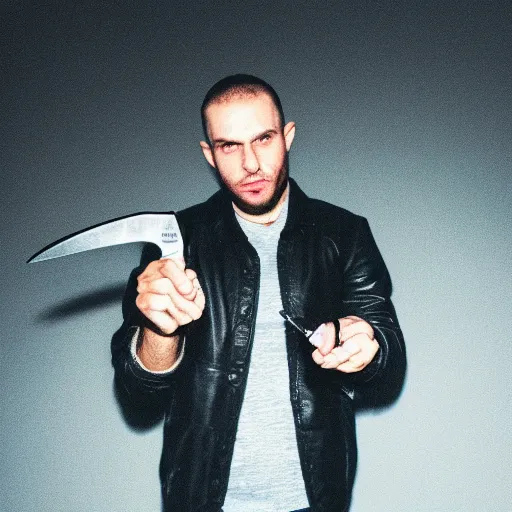 Prompt: photo of a caucasian dnb mc holding a knife