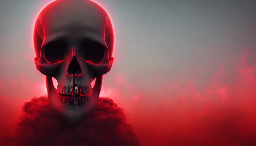 Image similar to Photorealistic Skull covered in thin red strings Surrounded by thick fog and puffy magical clouds that glow from lights in the distance, volumetric lighting, haze, atmosphere, magical lighting, digital art, wallpaper, octane, redshift, creepy, shallow depth of field