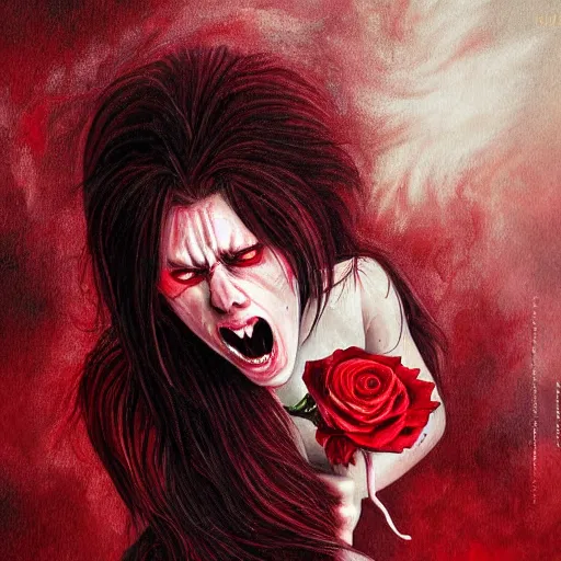 Prompt: extrem mad girl with extrem anger screams into the void to release her anger in her hamd she holds a rose, high detail painting in dark red colors by Mamoru Kanbe