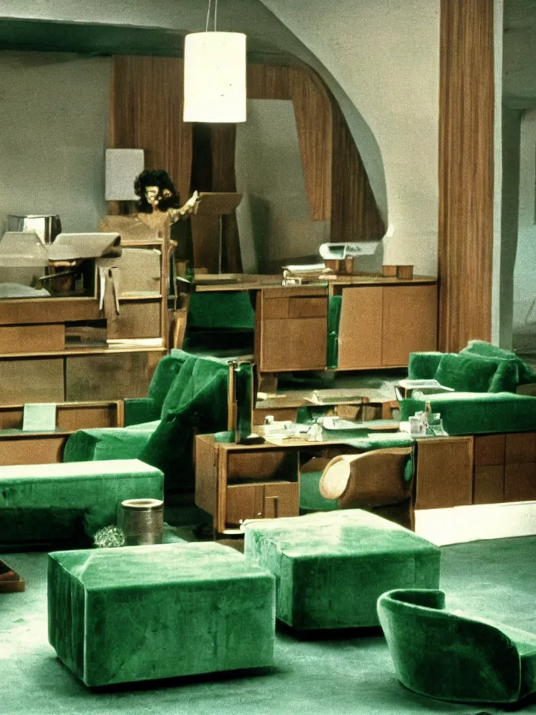 Image similar to a still of severance series indoor 7 0 s green velvet and wood with metal furniture office scenario appearing in a film of jodorowsky, in movie holy mountain ( 1 9 7 3 )