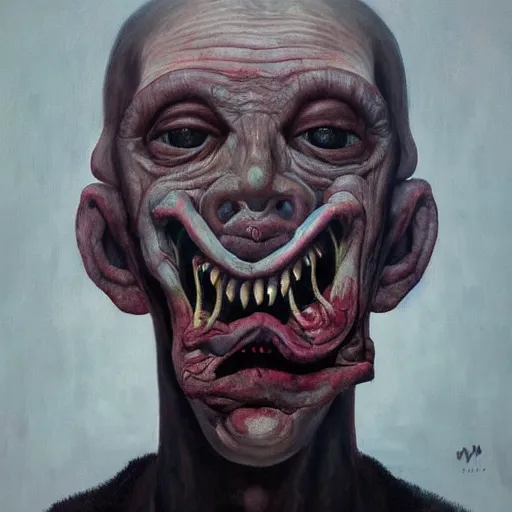 Image similar to the most disturbing oil painting ever made by christian rex van minnen of a portrait of an extremely bizarre disturbing mutated man with intense chiaroscuro lighting perfect composition