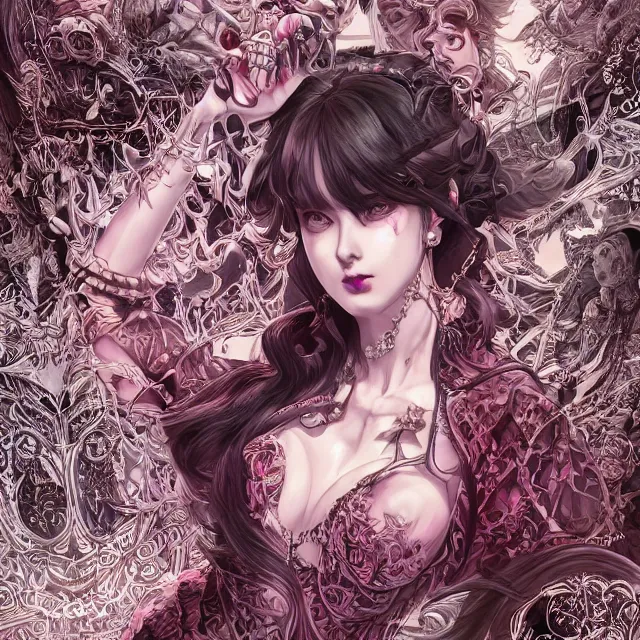 Image similar to the portrait of chaotic evil female necromancer mastermind as absurdly beautiful, gorgeous, elegant, sophisticated young gravure idol, an ultrafine hyperdetailed illustration by kim jung gi, irakli nadar, intricate linework, bright colors, octopath traveler, final fantasy, unreal engine 5 highly rendered, global illumination, radiant light, detailed and intricate environment