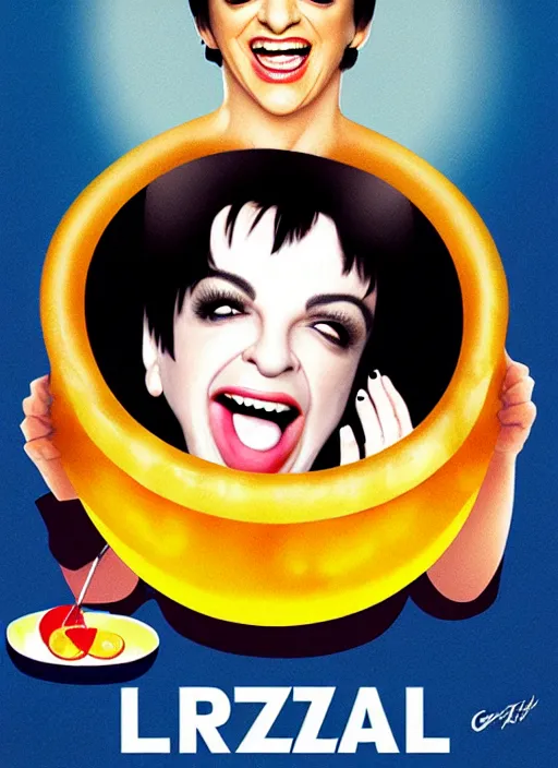 Image similar to highly detailed comedy caper movie poster with laughing liza minnelli face in a big bowl of jelly, face inside jelly by greg rutkowski