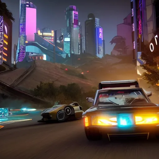 Prompt: promotional screenshot of forza horizon videogame set in a cyberpunk world