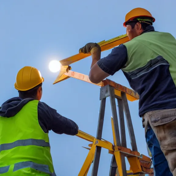 Image similar to two construction workers removing the moon from the sky