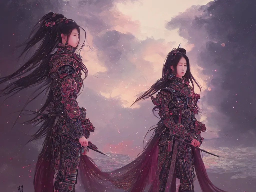 Prompt: jisoo blackpink samurai girl, armored samurai clothes, in japanese temple fire stormy sparkles night, ssci - fi and fantasy, intricate and very very beautiful and elegant, highly detailed, digital painting, artstation, concept art, smooth and sharp focus, illustration, art by tian zi and wlop and alphonse mucha