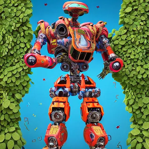 Prompt: colourful vfx art - portrait of army mecha robot wrapped in flowers & vines, art by utagawa kunisada & james jean, volumetric light, ray tracing, sharp, detailed, digital painting, illustration, highly detailed, intricate detail, unreal engine, octane render, global light, pinterest, behance, art station,