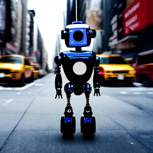 Image similar to a cute little robot in new york city. super realistic 8 k render of a dark hooded powerful elegant, cinematic composition