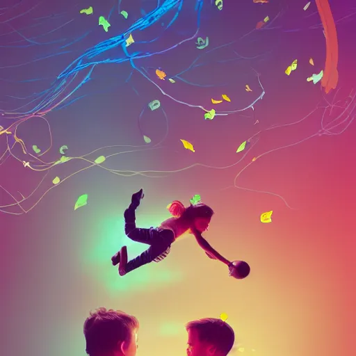 Image similar to two children silhouettes floating in opposition in zero gravity through spacetime in a loose tangle of retro console cables and controllers, flowing lines, dreamy atmosphere, surrounded by individual shimmering tiny flower petals and retro gaming collectibles, trending on artstation, hyper realistic, ross tran, WLOP