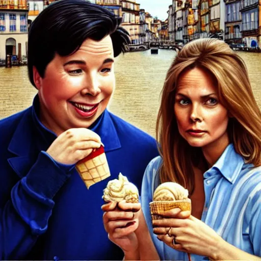 Image similar to portrait of michael mcintyre & a blonde fuller figured middle aged barbara bach from the bond film wearing blue dungarees and eating ice creams in porto, real life skin, intricate, elegant, highly detailed, artstation, concept art, smooth, sharp focus, art by artgerm and greg rutkowski and alphonse mucha