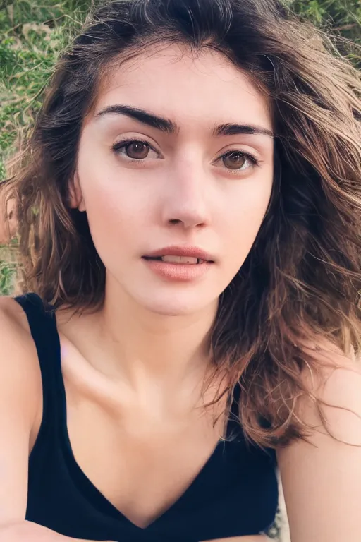 Image similar to 2 4 year old female model, wearing v - neck top, zoomed in, photo realistic, extreme detail skin, no filter, slr, golden hour, beach, 4 k, high definition, selfie
