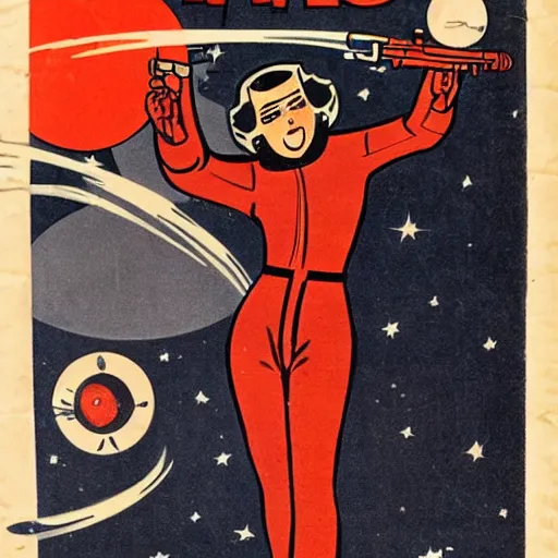 Prompt: A 1930s pulp sci-fi book cover depicting a woman in a space suit shooting a raygun, retrofuturism