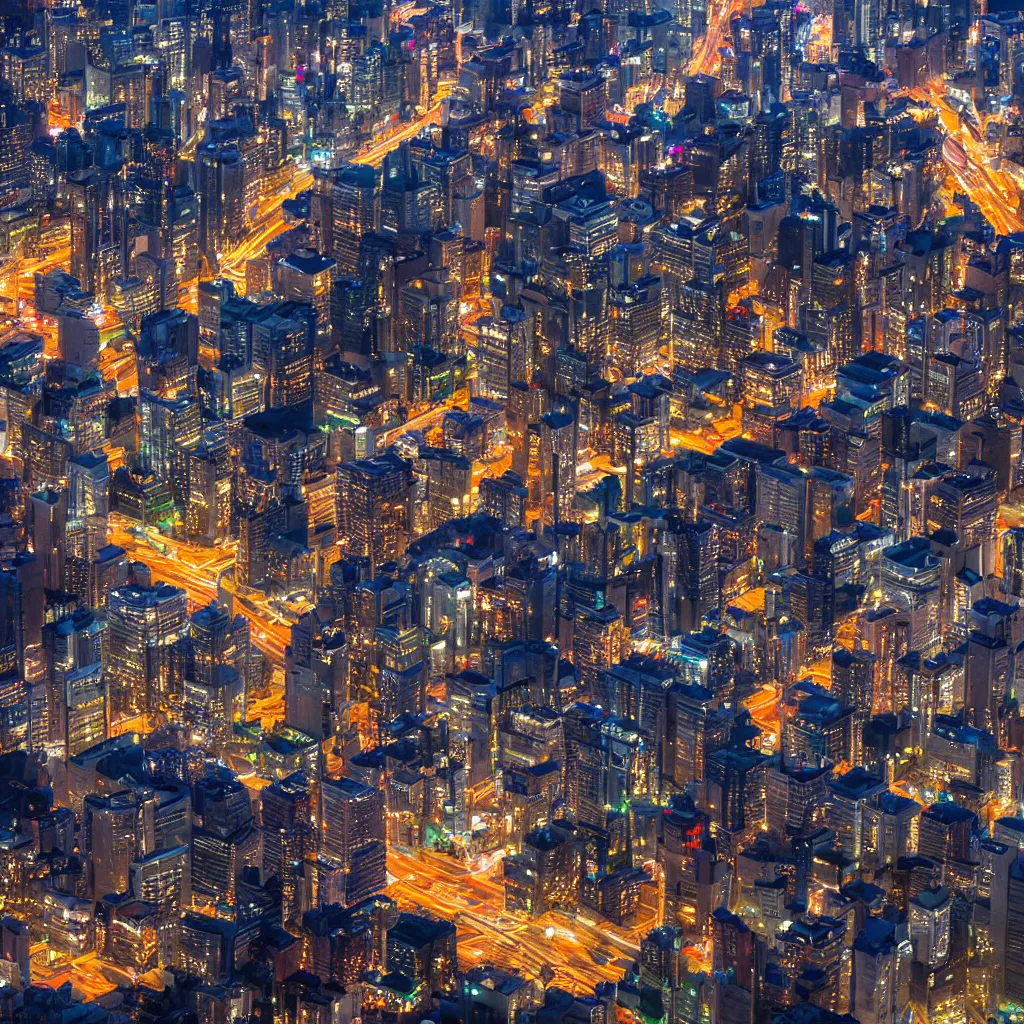 Image similar to photorealistic view of Seoul from the top of a building at night, trending on ArtStation, volumetric lighting, high detail