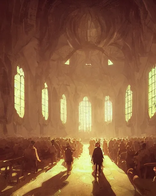 Prompt: craig mullins and ghibli digital illustration of a crowd in a futuristic church, strong pencil lines, priest, pews, ethereal, inviting, bright, raking light from stained glass windows, unreal engine, hyper realism, realistic shading, cinematic composition, realistic render, octane render, detailed textures, photorealistic, wide shot