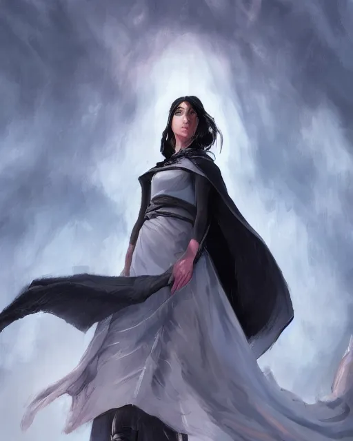 Prompt: close up portrait of lady vin from mistborn ascending to sky, waving the cape with long strips of fabric, wearing black tight clothing and cape, medieval town landscape, detailed face, digital painting, trending on artstation