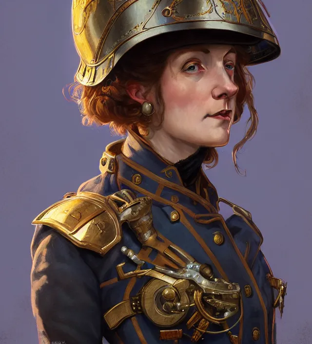 Prompt: portrait of a british woman wearing a blue traditional nineteenth century military jacket, metal shoulder pauldrons, intricate, highly detailed, digital painting, artstation, concept art, sharp focus, cinematic lighting, illustration, art by artgerm and greg rutkowski, alphonse mucha, cgsociety