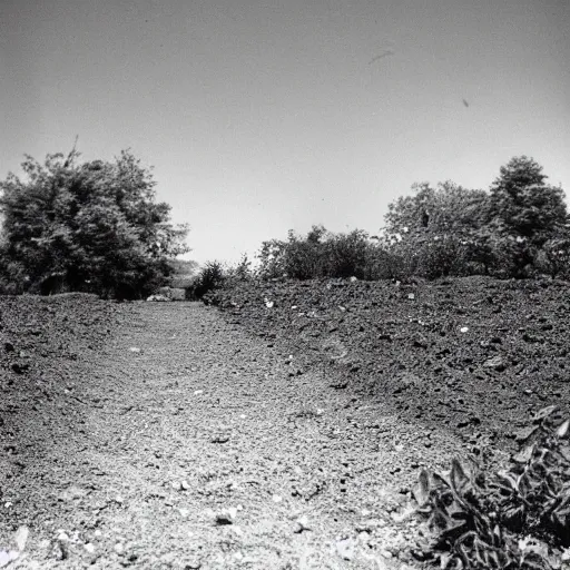 Image similar to a bright light covering the sky, dirt ground, dust, taken on a ww 2 camera, very high bloom ammount, realistic.