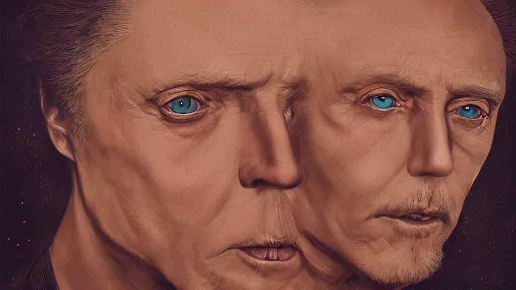 Prompt: Psychedelic character portrait of Christopher Walken, diamond, intricate complexity, rule of thirds, golden ratio, cinematic lighting, hyper detailed, 8k, high resolution, single face, symmetrical, headshot photograph, ultra detailed, beautiful, elegant, cinematic, in the style of Tom Bagshaw, Alexis Franklin, Elena Masci, Erwin Olaf