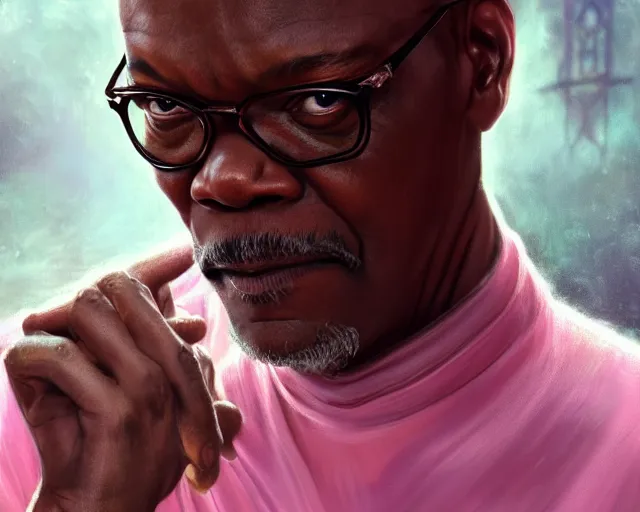 Image similar to photography of samuel l jackson in a pink ballerina outfit, deep focus, d & d and mtg, fantasy, intricate, elegant, highly detailed, digital painting, artstation, concept art, matte, sharp focus, illustration, hearthstone, art by artgerm and greg rutkowski and alphonse mucha