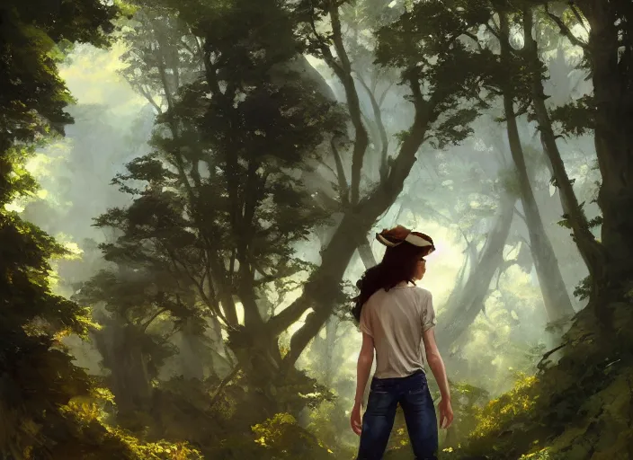 Image similar to a full body portrait of a woman wearing jorts and a tshirt, fantasy forest landscape at day, rule of thirds, digital painting by sargent and leyendecker, fantasy, medium shot, intricate, matte painting, verdant gradient, dynamic lighting, detailed, by greg rutkowski and greg tocchini and james gilleard and joe fenton and greg manchess