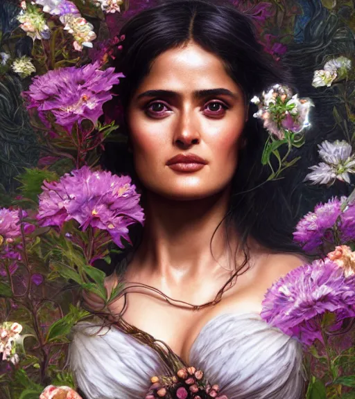 Image similar to portrait of the young salma hayek of the underworld, surrounded by flowers by karol bak, james jean, tom bagshaw, rococo, trending on artstation, cinematic lighting, hyper realism, octane render, 8 k, hyper detailed.