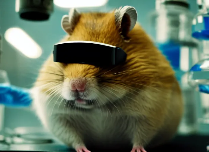 Prompt: film still of a hamster wearing goggles working in a research lab finding the cure for cancer, 8 k