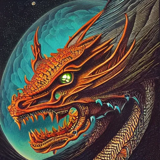 Image similar to dragon head illustration, art by David A Hardy