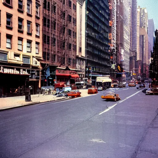 Prompt: busy vintage color photo new york city street corner 1979. sunrise. steam coming out manhole covers and sewer drains. trash blows on street.
